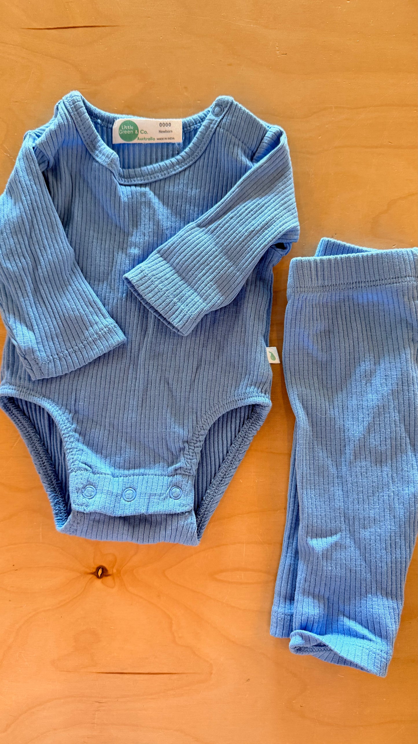 CC - Consignment - Little Green & Co - Ribbed Blue Bodysuit & Pant - Newborn