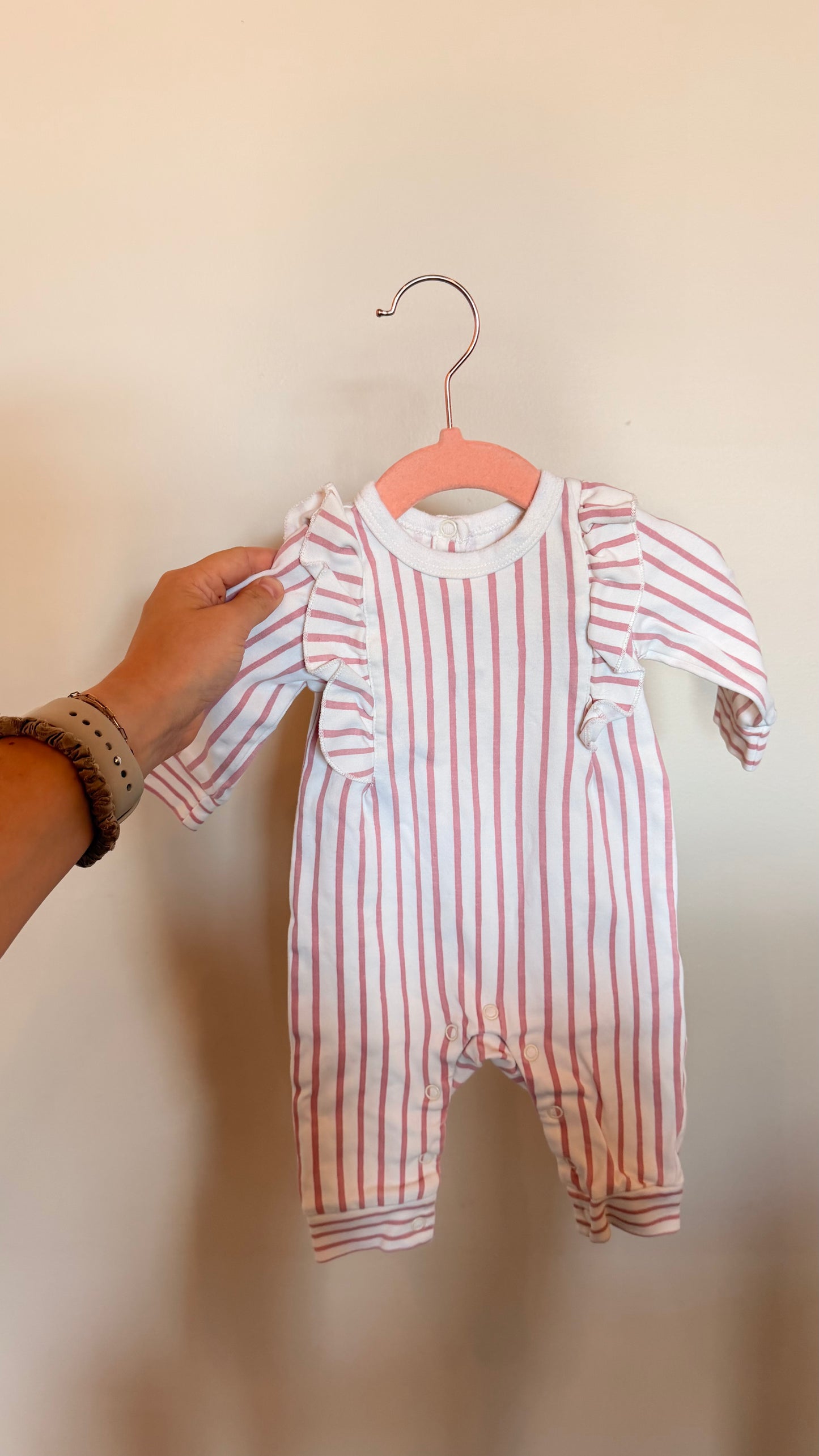 GR - Consignment - Pehr Pink Striped Ruffle Romper 0-3M