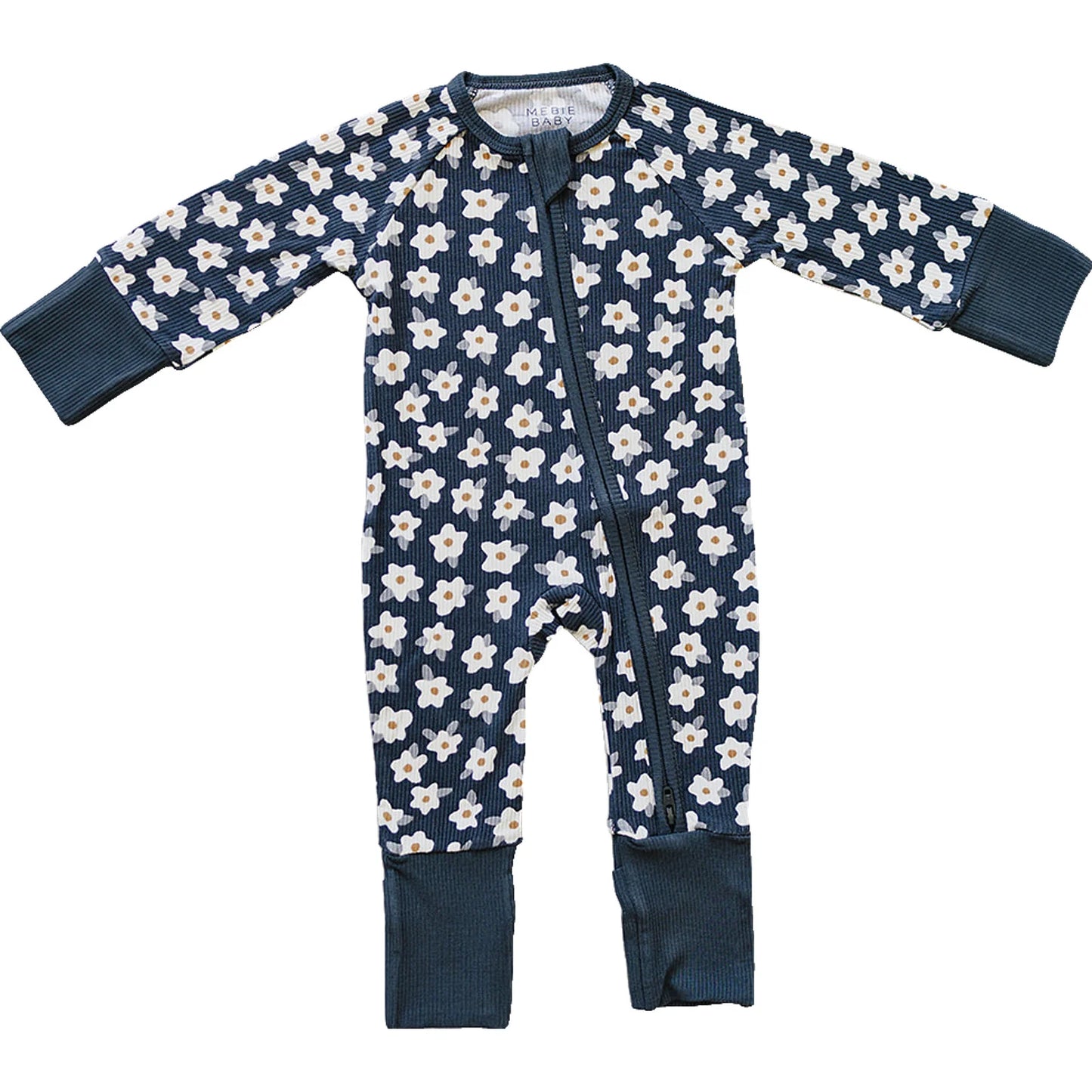 Mebie Baby - Navy Daisy Ribbed Bamboo Zipper