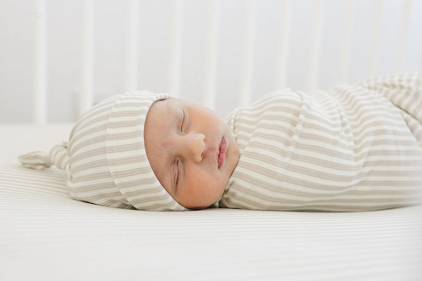 Mebie Baby - Taupe Stripe Ribbed Bamboo Newborn Knot Hat