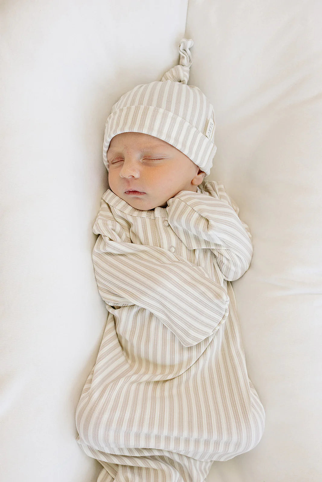 Mebie Baby - Taupe Stripe Ribbed Bamboo Newborn Knot Hat