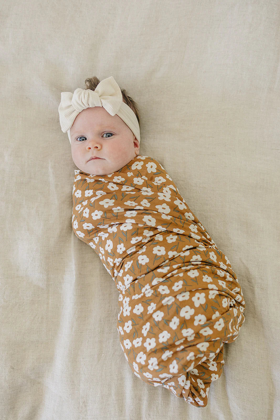 Pre Order - Mebie Baby - Mustard Floral Bamboo Stretch Swaddle