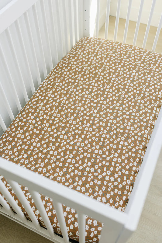 Pre Order - Mebie Baby - Mustard Floral Bamboo Stretch Crib Sheet