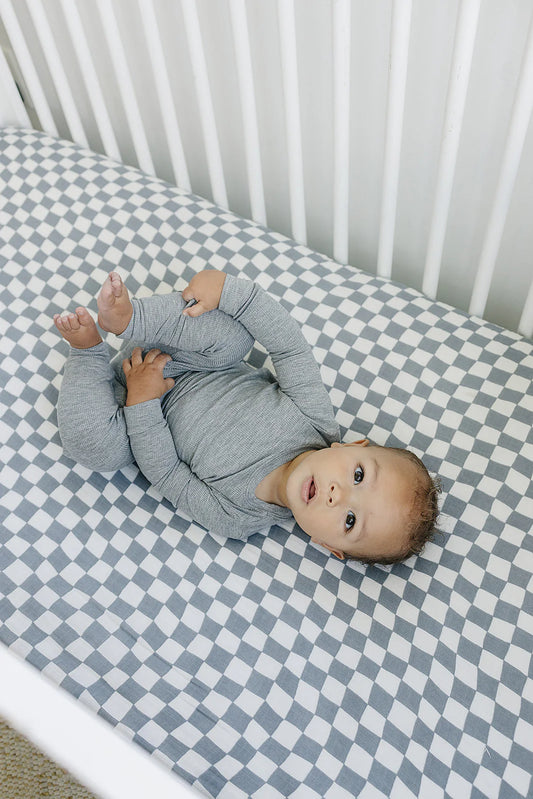 Pre Order - Mebie Baby - Dusty Blue Wavy Checkered Muslin Crib Sheet