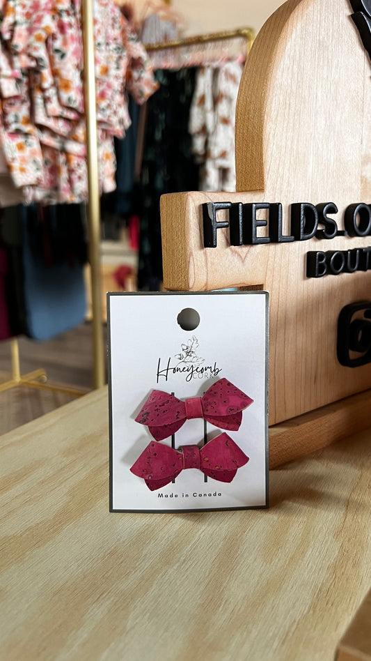 Honeycomb Cork - Dottie Bow - Pigtail Set of Clips - Very Berry