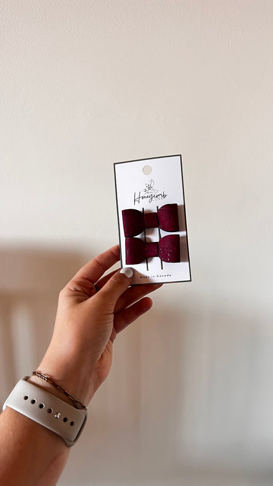 Honeycomb Cork - Rylie Bow - Pigtail Set of Clips - Burgundy