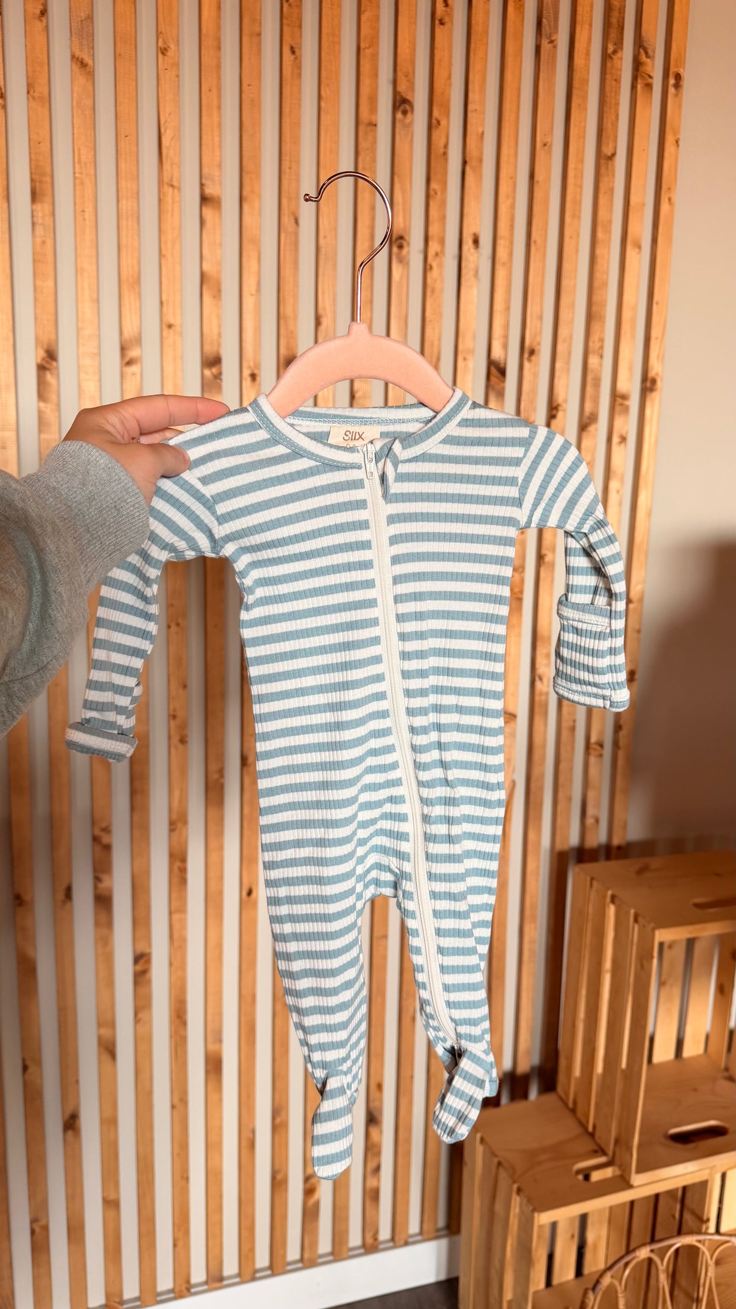 MM - Consignment - SIIX Blue Stripped Ribbed Sleeper 0-3M