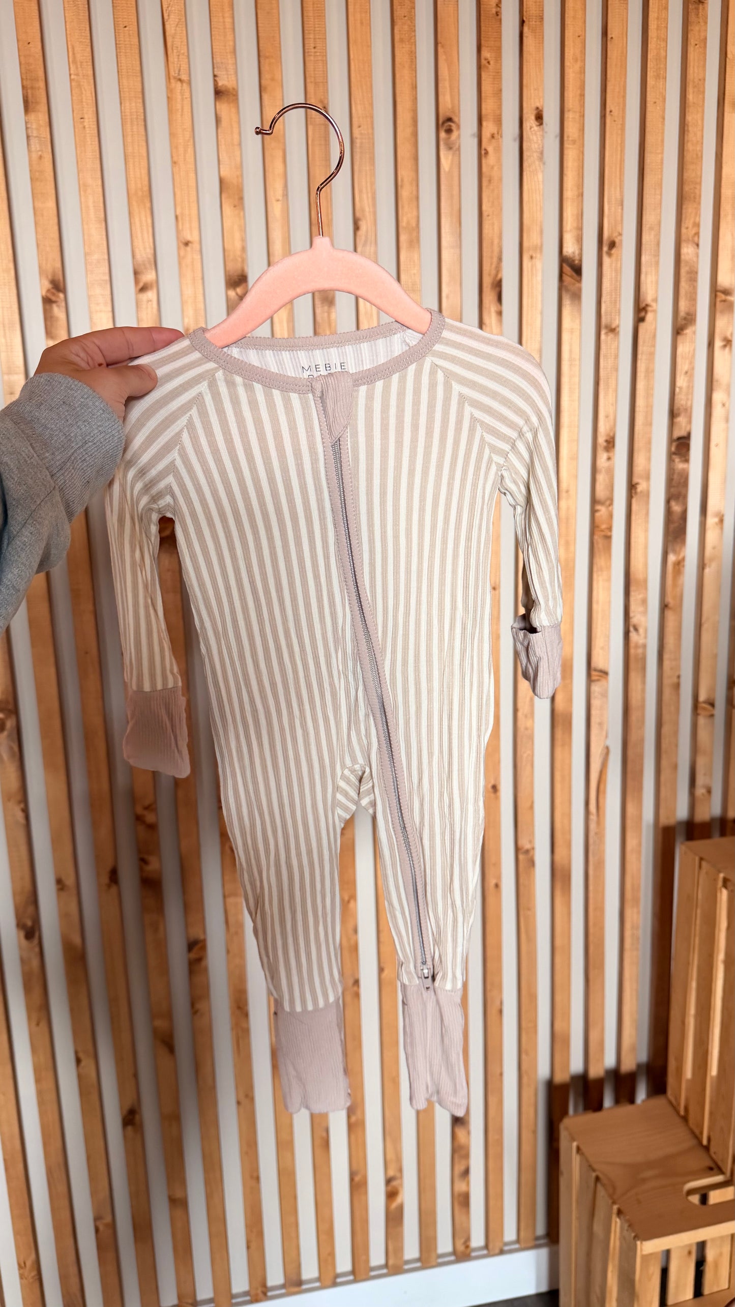 MM - Consignment - Mebie Baby Taupe Stripes Bamboo Sleeper 0-3M