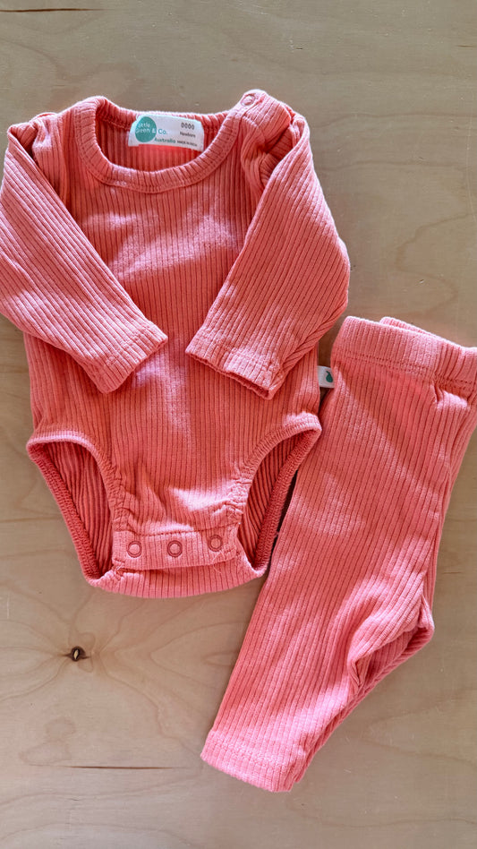 CC - Consignment - Little Green & Co - Ribbed Pink Bodysuit & Pant - Newborn