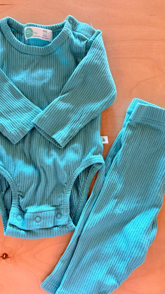 CC - Consignment - Little Green & Co - Ribbed Teal Bodysuit & Pant - 0-3M