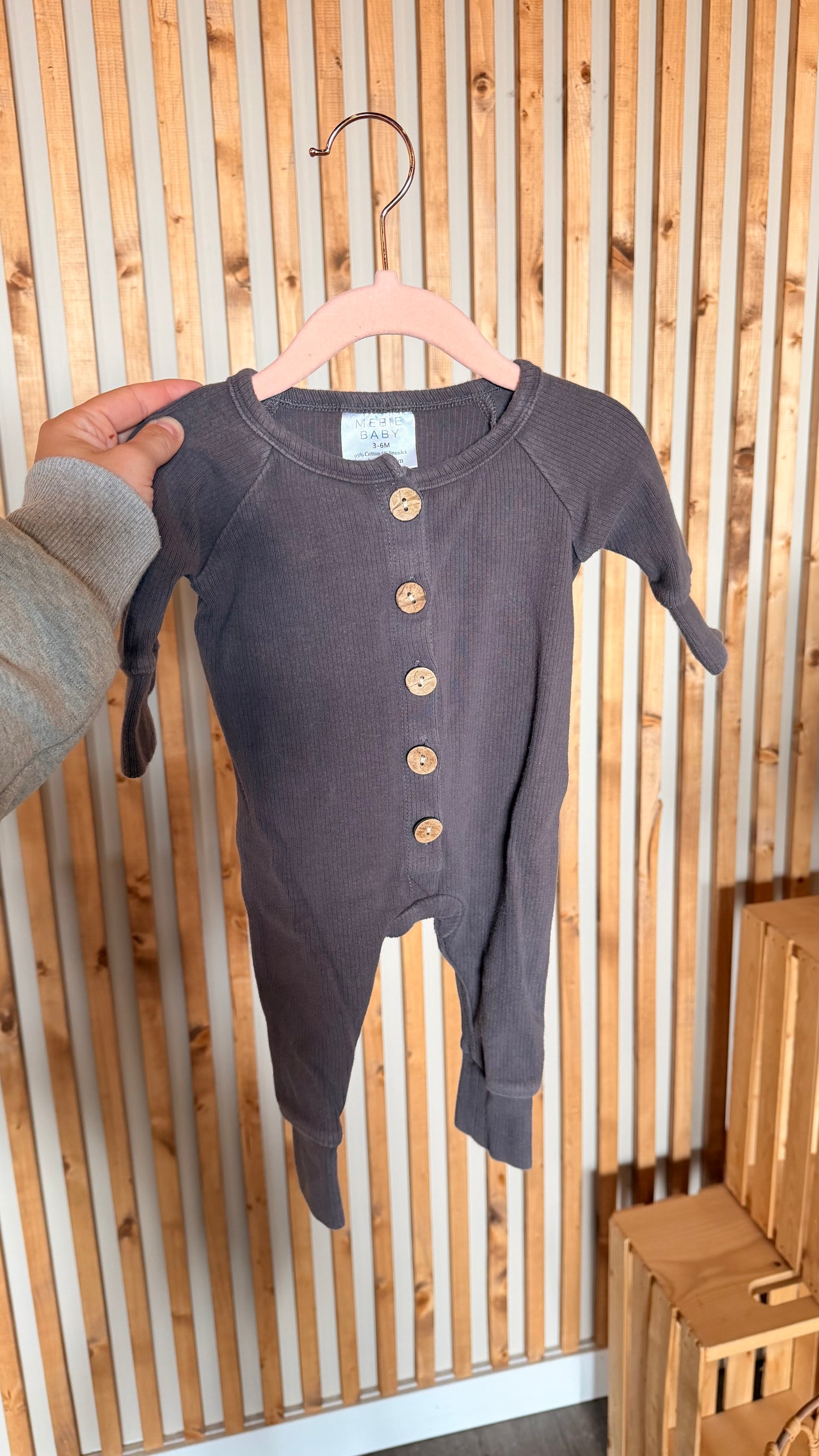 MM - Consignment - Mebie Baby Charcoal Ribbed Button Romper 3-6M