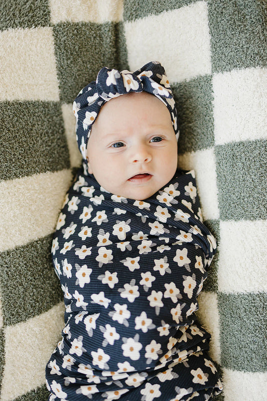 Mebie Baby - Navy Daisy Ribbed Bamboo Head Wrap