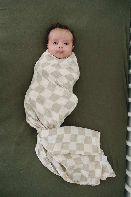 Pre Order - Mebie Baby - Taupe Checkered Muslin Swaddle Blanket