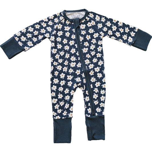 Mebie Baby - Navy Daisy Ribbed Bamboo Zipper