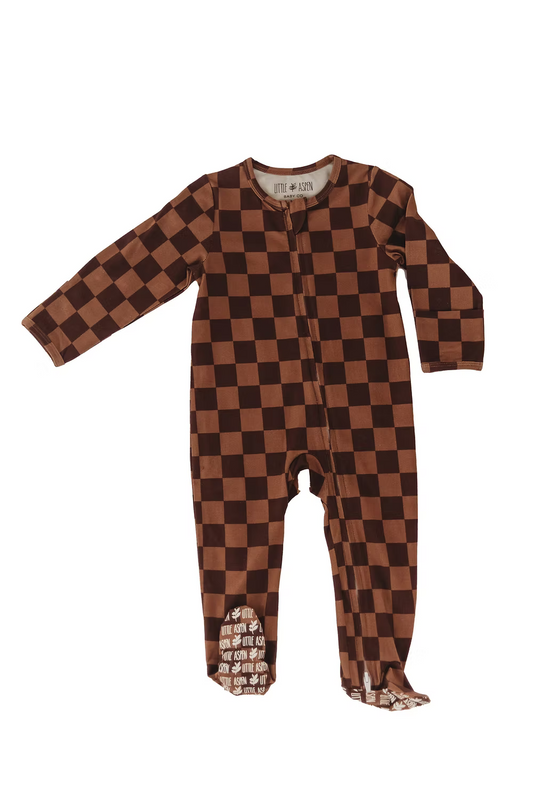 Little Aspen Baby Co - Espresso Checkers Footed Sleeper
