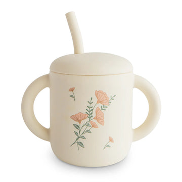 Mushie - Silicone Training Cup + Straw - Pink Flowers