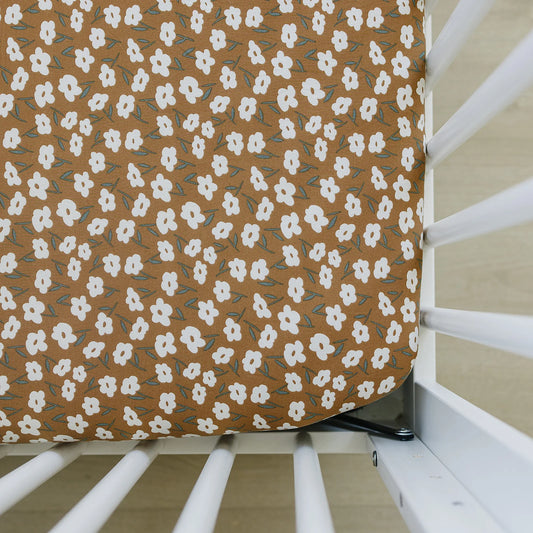 Pre Order - Mebie Baby -  Mustard Floral Bamboo Stretch Crib Sheet