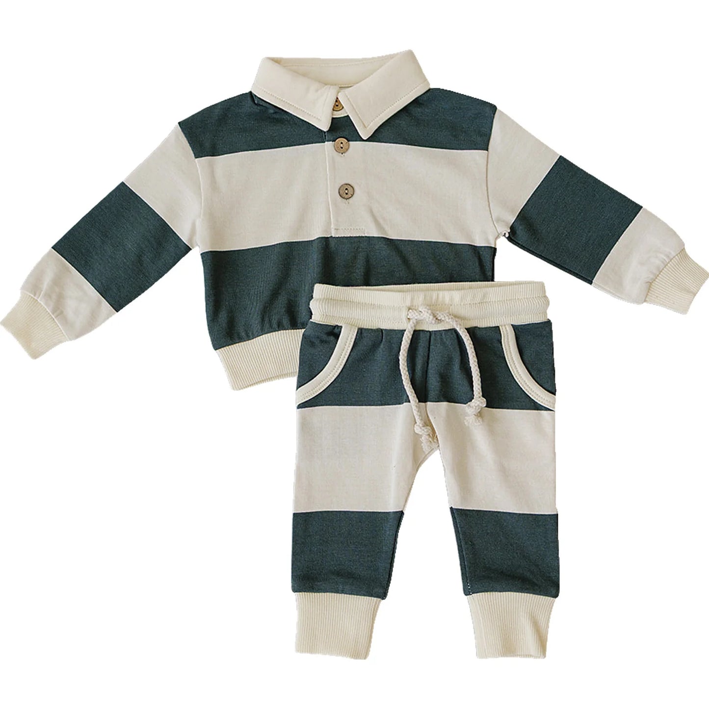 Pre Order - Mebie Baby - Green Stripe Collared French Terry Set