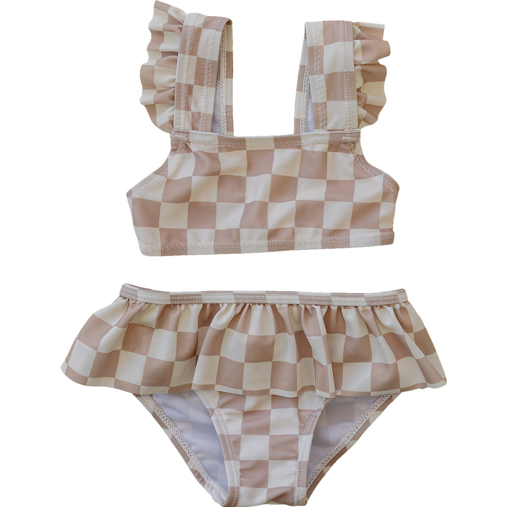 Mebie Baby - Taupe Checkered Ruffle Bikini Set