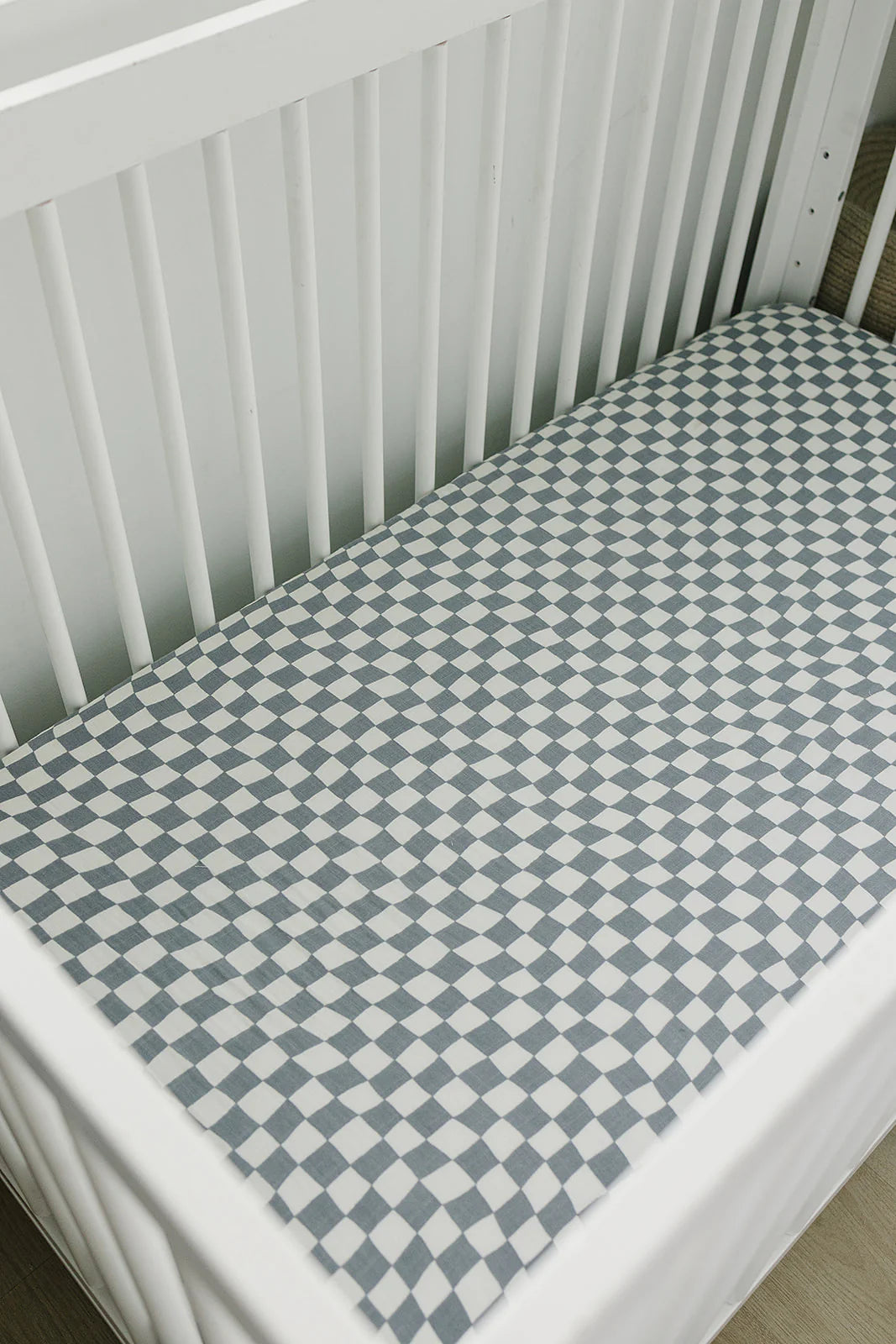 Pre Order - Mebie Baby - Dusty Blue Wavy Checkered Muslin Crib Sheet